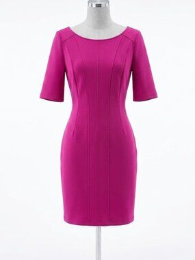 LDT Magenta Bodycon Dress Fuchsia Structured Sheath Midi Pink Sculpted Seam, 6